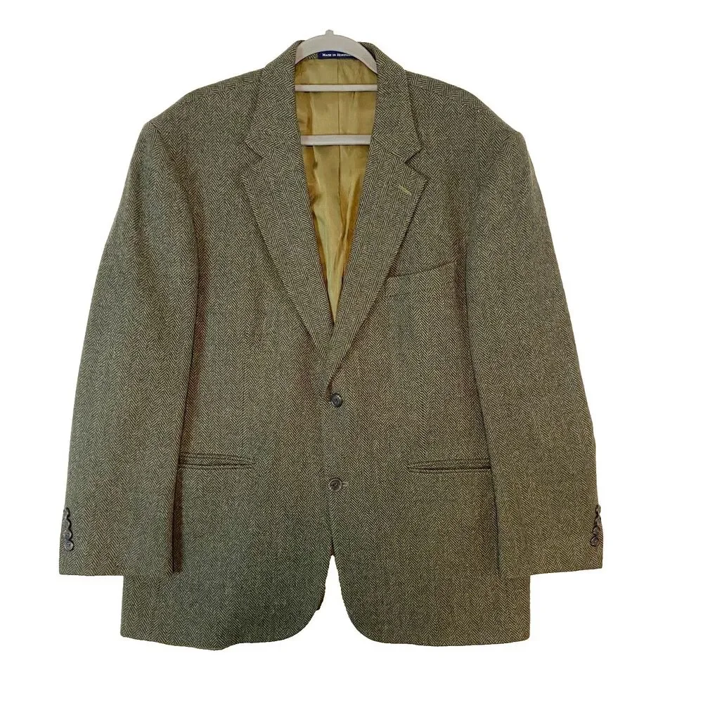 Lands End Lambswool Wool Blazer Mens 43R‎ Brown Herringbone Classic Quiet Luxury